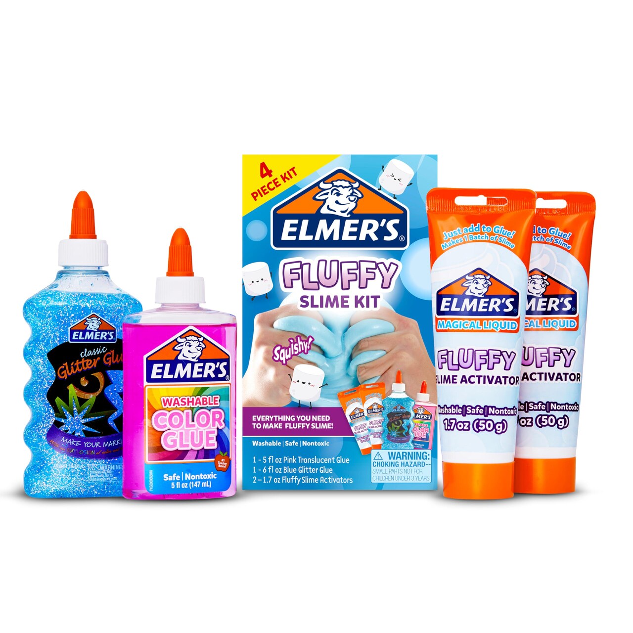 Fluffy Slime Kit, Includes Translucent Color Glue, Glitter Glue, Fluffy Slime Activator, 4 Count - Perfect for Birthday Parties, Gift Idea, Kids Activity